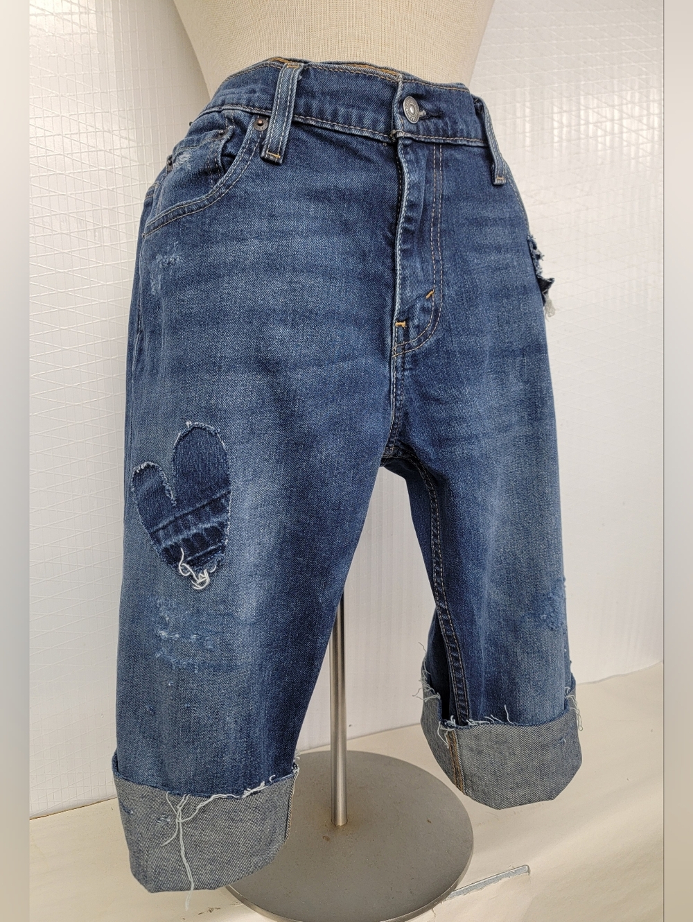 **SOLD********Levi's Long Jean Shorts With Heart Patch Accents Upcycled
